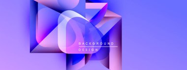 Soyut geometrik şekiller örtüşüyor, canlı mor ve mavi renkler yaratıyor. Metin, kompozisyon içinde arkaplan tasarımı okur. Modern, dinamik görsel.