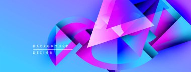 Soyut geometrik şekiller örtüşür, parlak mavi ve pembe renkler yaratır. Modern tasarım elementleri teknoloji ve yenilik öneriyor.