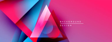 Soyut geometrik şekiller örtüşüyor, canlı pembe, mavi, kırmızı gradyanlar yaratıyor. Modern tasarım ögeleri dinamik arkaplan dokusunu önerir.
