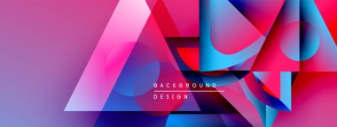 Soyut geometrik şekiller örtüşüyor, canlı renk eğimleri yaratıyor. Pembe, mavi, mor renkler kompozisyona hakim. Modern tasarım ögesi.