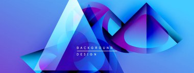 Soyut geometrik şekiller örtüşür, parlak mavi ve mor renkler yaratır. Modern tasarım elementleri teknoloji ve yenilik öneriyor.
