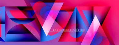 Soyut geometrik şekiller, canlı pembeler, maviler dinamik arkaplan oluşturur. Modern tasarım elementleri yenilik ve enerji öneriyor.