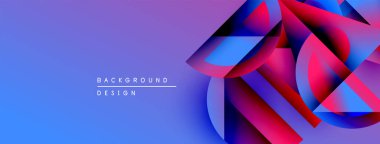 Soyut geometrik şekiller canlı mavileri, pembeleri, morları harmanlarlar. Gradyan arka plan dinamik görsel efekt yaratır. Modern tasarım ögesi.
