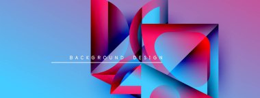 Soyut geometrik şekiller örtüşür, parlak mavi, mor ve pembe renkler yaratır. Metin, formların altındaki arkaplan dizaynını okur. Modern görsel.