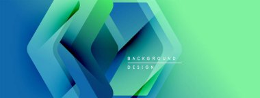 Soyut geometrik şekiller örtüşür ve dinamik bir değişim etkisi yaratır. Mavi, yeşil renkler tasarıma egemen, modern estetik.