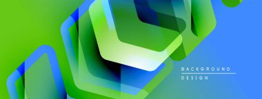 Soyut geometrik şekiller çakışıyor. Canlı yeşil, mavi renkler dinamik görsel efekt yaratır. Modern tasarım, temiz çizgiler taze estetik sunar.