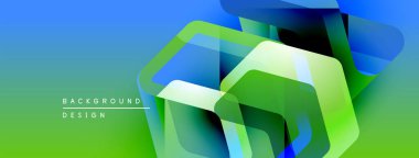 Soyut geometrik şekiller örtüşür, parlak mavi, yeşil eğimler yaratır. Modern tasarım enerji, hareket, derinlik öneriyor. Yumuşak geçişler kompozisyona hakim..