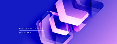 Soyut geometrik şekiller örtüşür, parlak mavi ve mor renkler yaratır. Modern tasarım elementleri teknoloji ve yenilik öneriyor.