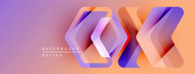 Soyut geometrik katmanlar canlı görsel efektler yaratır. Mor, turuncu renkler düzgün bir şekilde harmanlanarak modern zemin oluşturuyor. Üst üste binen dizayn özellikleri.