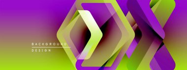Soyut geometrik arkaplan. Mor, yeşil eğimler dinamik katmanlı şekiller yaratır. Dijital projeler için modern tasarım ögesi.