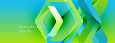 Soyut geometrik arkaplan. Renkler maviden yeşile karışıyor. Üst üste binen şekiller dinamik görsel efekt yaratır. Modern tasarım ögesi.