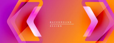 Soyut arkaplan parlak turuncu ve pembe eğimli. Üst üste binen şekiller dinamik görsel efekt yaratır. Modern tasarım elemanları.