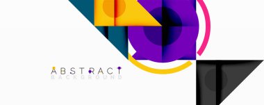 Geometrik şekiller örtüşür, canlı ve soyut bir bileşim yaratır. Sarı, mor, deniz mavisi beyaz alana hakim. Modern tasarım ögesi.