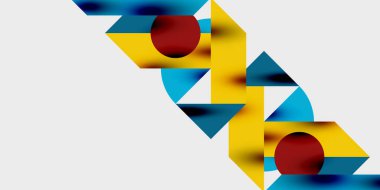 Soyut geometrik bileşim. Sarı, mavi, kırmızı şekiller kesişiyor. Bulanık kenarlı, beyaz arka planlı minimalist tasarım. Modern sanat.