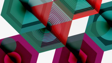 Soyut geometrik bileşim. Şekiller çakışıyor, dinamik görsel etki yaratıyor. Renkler arasında deniz mavisi, kırmızı, pembe, gri var. Modern tasarım.