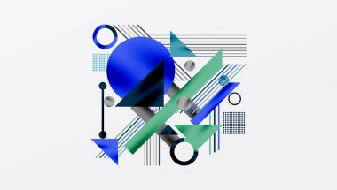 Soyut geometrik bileşim. Mavi, yeşil şekiller kesişen çizgiler, daireler dinamik görsel efektler yaratır. Minimalist tasarım.