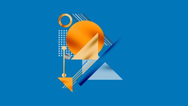 Soyut geometrik bileşim. Turuncu, kontrastlı mavi arkaplanı şekillendirir. Çizgiler, daireler, üçgenler modern tasarım yaratır. Minimalist estetik.