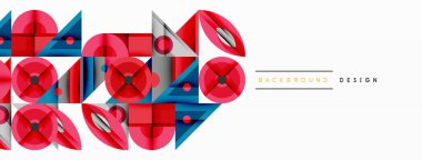 Soyut geometrik desen. Kırmızı, mavi, gri şekiller modern tasarımı oluşturur. Minimalist tarz, temiz çizgiler, canlı renkler.