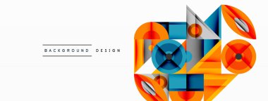 Soyut geometrik şekiller örtüşür ve canlı bir tasarım yaratır. Turuncu, mavi, gri renkler kompozisyona hakim. Modern estetik.