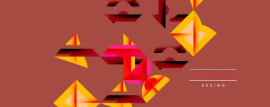 Soyut geometrik şekiller üst üste binerek dinamik kırmızı zemin oluşturur. Sarı aksanlar karşıtlık sağlar, modern tasarım ögesi.