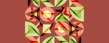 Soyut geometrik şekiller çakışıyor, canlı desenler yaratıyor. Sıcak tonlar modern estetik sunarak kompozisyona hakim..