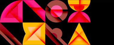 Soyut geometrik şekiller, canlı renkler, üst üste binen formlar dinamik bileşim oluşturur. Pembe, turuncu, kırmızı renkler siyah arkaplana hakim..