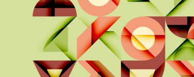 Soyut geometrik şekiller çakışıyor, renkli desenler yaratıyor. Yumuşak yeşil arka plan, kırmızı turuncu renkleri tamamlar. Modern tasarım.