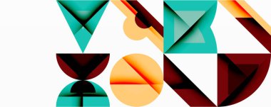 Soyut geometrik şekiller örtüşür, dinamik bileşim yaratır. Teal, turuncu, kestane rengi beyaz arkaplana hakim. Modern tasarım.