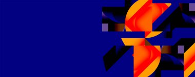 Soyut geometrik şekiller, canlı renkler. Turuncu, mor, mavi dinamik kompozisyon yaratır. Modern tasarım, kalın kontrast.