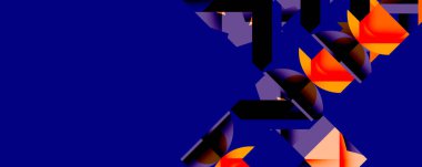 Soyut geometrik şekiller görüntüye hükmediyor. Koyu mavi, portakallar dinamik kontrastlar yaratır. Modern tasarım, cesur kompozisyon.