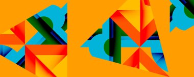 Soyut geometrik bileşim. Parlak renkler kesişiyor, dinamik görsel etki yaratıyor. Turuncu arkaplan tasarıma hakim.