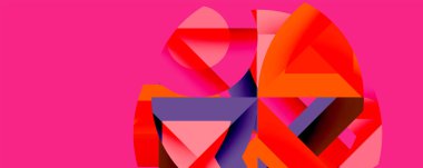 Soyut geometrik şekiller örtüşüyor, canlı pembe, mor, turuncu bileşim oluşturuyor. Modern tasarım, kalın renkler görsel alana hakim..