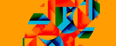 Soyut geometrik şekiller örtüşür, canlı renkler kompozisyona hakim olur. Turuncu arkaplan karşıtlık ve dinamik görsel deneyim sağlar.