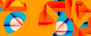 Soyut geometrik bileşim. Parlak turuncu, mavi şekiller kesişiyor. Daireler, üçgenler dinamik görsel efekt yaratır. Modern tasarım.