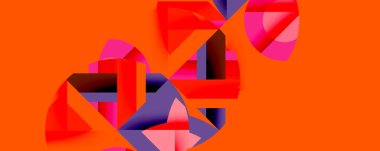 Soyut geometrik şekiller örtüşür ve canlı bir bileşim yaratır. Turuncu arka plan kırmızı, mor ve pembe formları vurgular. Modern tasarım.