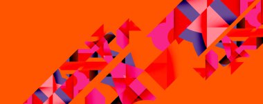 Soyut geometrik şekiller turuncu arka planla örtüşür. Canlı pembeler, morlar, kırmızılar dinamik bileşim oluşturur. Modern tasarım ögesi.