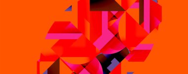 Soyut geometrik şekiller canlı turuncu arkaplana hakim. Pembe, kırmızı renkler dinamik kompozisyon yaratır. Modern tasarım elementleri cesur görsel etki sunar.