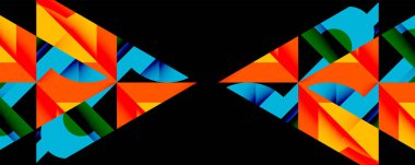Soyut geometrik şekiller, canlı renkler, simetrik tasarım. Siyah arkaplan parlak üçgenleri vurgular, dinamik görsel efekt yaratır.