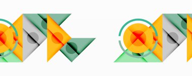 Soyut geometrik şekiller örtüşür, katmanlı tasarım yaratır. Turuncu, yeşil, gri renkler kompozisyona hakim. Minimalist stil.