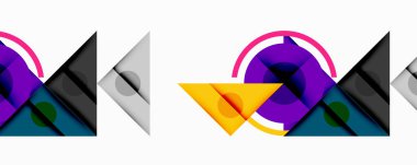 Soyut geometrik şekiller, canlı renkler, modern tasarım. Kompozisyonda üçgenler, daireler, kareler, üst üste binen formlar var. Minimalist estetik.