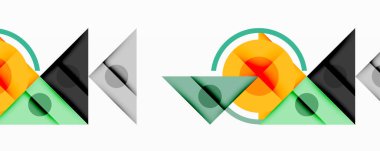 Soyut geometrik şekiller örtüşür, dinamik bileşim yaratır. Renkler turuncu, yeşil, gri, siyah, sarı. Minimalist tasarım.
