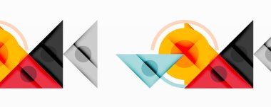 Soyut geometrik şekiller örtüşür, dinamik bileşim yaratır. Renkler arasında sarı, kırmızı, gri, cyan var. Temiz çizgileri olan minimalist tasarım.