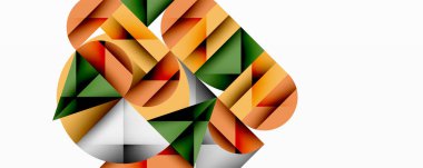 Soyut geometrik bileşim. Şekiller örtüşüyor, karmaşık görsel doku oluşturuyor. Renkler turuncu, yeşil, bej, siyah. Minimalist tasarım.