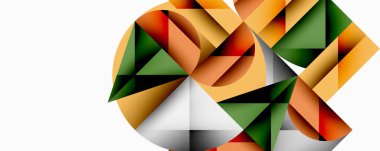 Soyut geometrik bileşim. Üçgenler dairesel, açısal şekiller oluştururlar. Sıcak renkler baskın, yeşil aksanlı. Minimalist tasarım.
