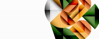 Soyut geometrik bileşim. Şekiller örtüşüyor, dinamik görsel ilgi yaratıyor. Renkler arasında turuncu, yeşil, kırmızı, beyaz sayılabilir. Modern tasarım.