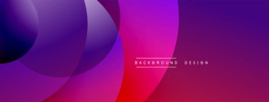 Soyut, enerjik bir arkaplan. Üst üste binen daireler mordan kırmızıya değişen dinamik renk eğimleri yaratır. Modern tasarım ögesi.