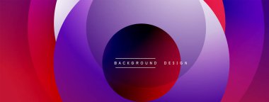 Soyut çemberler çakışıyor, canlı gradyanlar yaratıyor. Mor, kırmızı, mavi renkler düzgün bir şekilde harmanlanır. Arka planlar için modern tasarım ögesi.