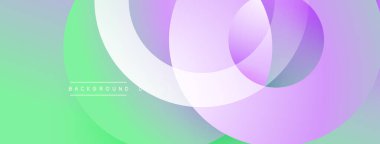 Soyut renkli arkaplan. Üst üste binen daireler yumuşak eğimler yaratır. Yeşil, mor ve beyaz renkler harmanlanır. Modern tasarım ögesi.