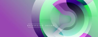 Soyut tasarım özellikleri üst üste binen daireler, gradyanlar. Mor, yeşil renkler kompozisyona hakim. Modern estetik, basit metin ögesi.