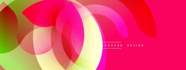 Dinamik soyut kompozisyon. Üst üste binen daireler canlı renk değişimleri yaratır. Pembe arka planda baskın gelir. Modern tasarım ögesi.